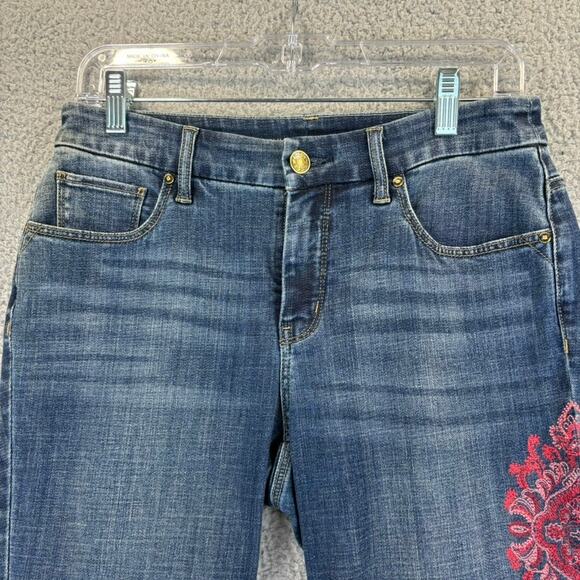 Chicos So Slimming Jeans XS Medallion Embroidered Girlfriend Ankle Pink Red 00R - Picture 3 of 12